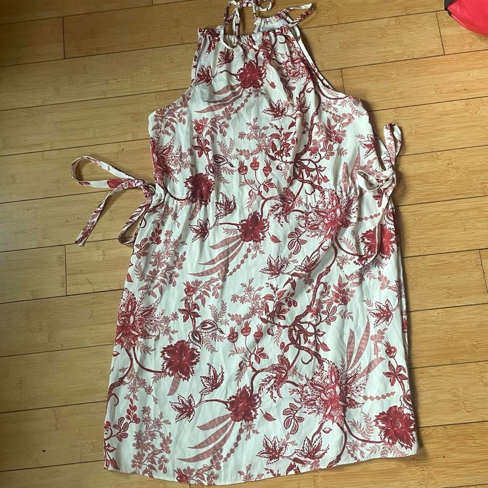 River island red and cream cinched high neck dress